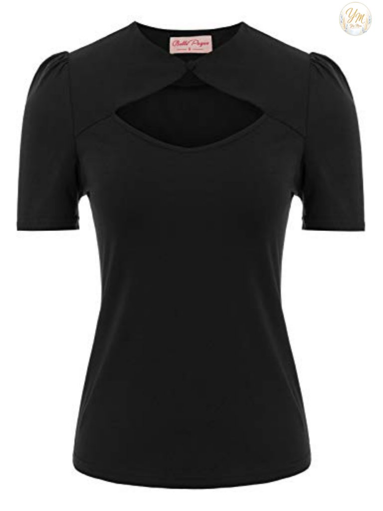 Vintage Hollowed-Out Cotton Blouse - Keyhole Neck Short Sleeve